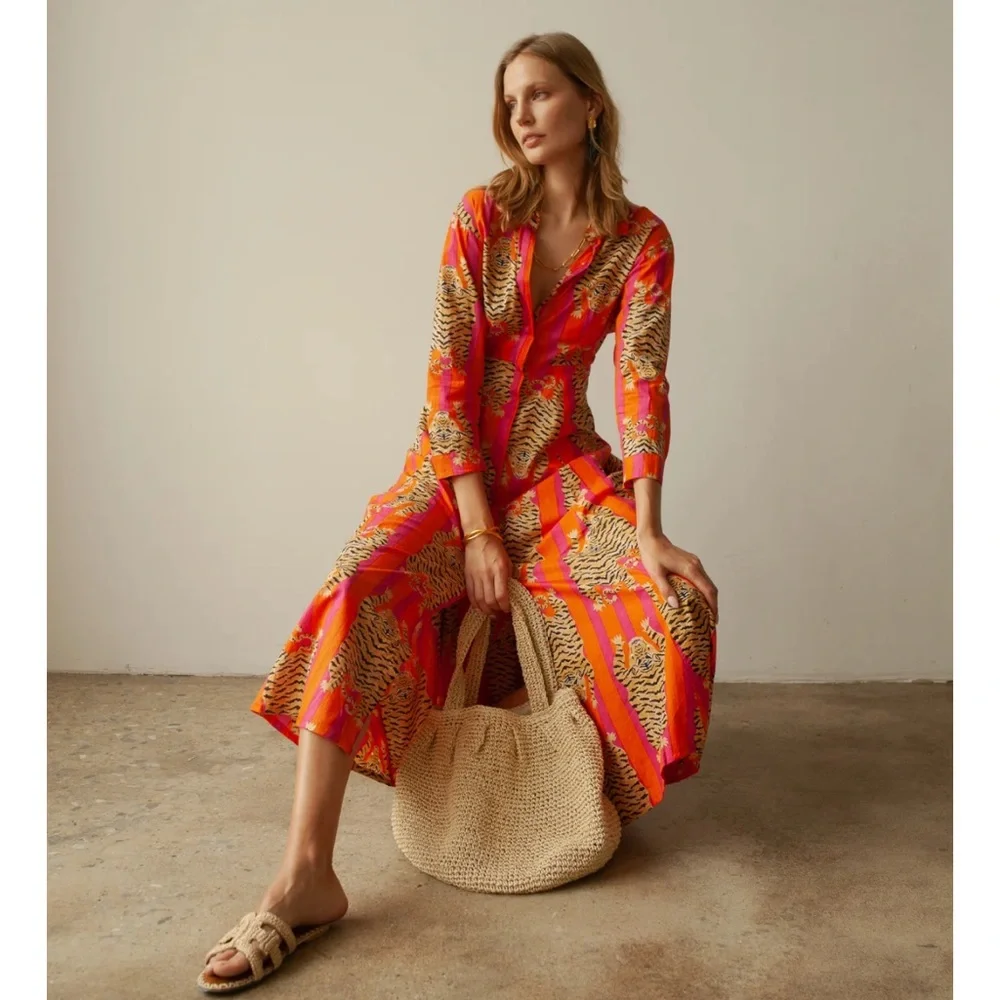 Guadalupe Luciana Tibet Tiger Stripes Hand Block Print Pure Indian Cotton Dress - Picture 16 of 16